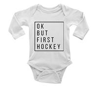 Shopagift Ok but First Hockey Long Sleeve Baby Grow Vest Bodysuit White