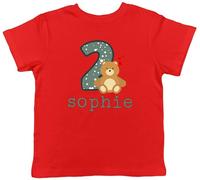 Shopagift Personalised Adorable Teddy Bear Kids T-Shirt Name and Number Childrens Tee Boys Girls Red