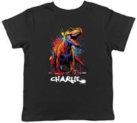 Shopagift Personalised Any Name T-Rex Dinosaur Kids T-Shirt Brush Paint Splatter Childrens Tee Boys Girls Black