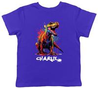 Shopagift Personalised Any Name T-Rex Dinosaur Kids T-Shirt Brush Paint Splatter Childrens Tee Boys Girls Blue