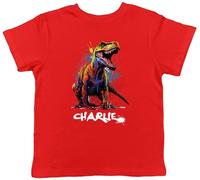 Shopagift Personalised Any Name T-Rex Dinosaur Kids T-Shirt Brush Paint Splatter Childrens Tee Boys Girls Red