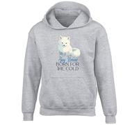 Shopagift Personalised Born for the Cold Arctic Fox Kids Hoodie Hoody Hooded Top Boys Girls Grey