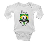 Shopagift Personalised Brazil Football World Cup Long Sleeve Baby Grow Vest Bodysuit Gift White