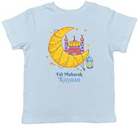 Shopagift Personalised Eid Mubarak T-Shirt Kids Islam Muslim Moon Mosque Childrens Tee Gift Light Blue