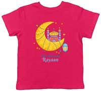 Shopagift Personalised Eid Mubarak T-Shirt Kids Islam Muslim Moon Mosque Childrens Tee Gift Pink