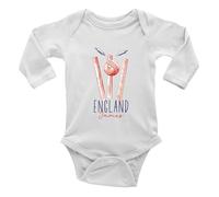 Shopagift Personalised England Cricket Supporters Baby Vest Bodysuit Retro Ball Wicket Stumps Fans Boys Girls L/S