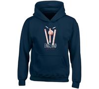 Shopagift Personalised England Cricket Supporters Kids Hoodie Retro Ball Wicket Stumps Fans Hoody Hooded Top Boys Girls Navy Blue