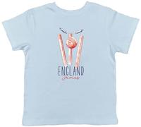 Shopagift Personalised England Cricket Supporters Kids T-Shirt Retro Ball Wicket Stumps Fans Childrens Tee Boys Girls Light Blue
