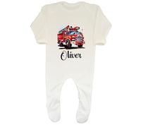 Shopagift Personalised Fire Engine Baby Grow Romper Suit Brigade Firefighter Boys Girls Gift White