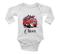Shopagift Personalised Fire Engine Baby Vest Bodysuit Brigade Firefighter Boys Girls L/S Gift White