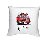 Shopagift Personalised Fire Engine Cushion Cover Brigade Firefighter Gift Bedroom Lounge Accessory - 40cm x 40cm