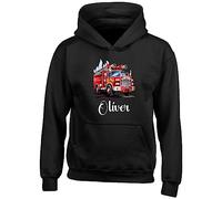 Shopagift Personalised Fire Engine Kids Hoodie Brigade Firefighter Gift Hoody Hooded Top Black