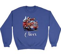Shopagift Personalised Fire Engine Kids Sweatshirt Brigade Firefighter Gift Jumper Blue