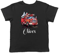 Shopagift Personalised Fire Engine Kids T-Shirt Brigade Firefighter Childrens Tee Gift Black