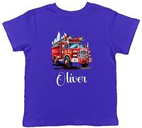 Shopagift Personalised Fire Engine Kids T-Shirt Brigade Firefighter Childrens Tee Gift Blue