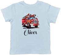 Shopagift Personalised Fire Engine Kids T-Shirt Brigade Firefighter Childrens Tee Gift Light Blue