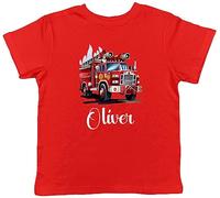 Shopagift Personalised Fire Engine Kids T-Shirt Brigade Firefighter Childrens Tee Gift Red