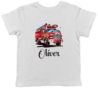 Shopagift Personalised Fire Engine Kids T-Shirt Brigade Firefighter Childrens Tee Gift White
