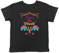 Shopagift Personalised First Diwali Kids T-Shirt Elephants Bunting First Diwali Girls Childrens Tee Boys Girls Black
