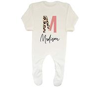 Shopagift Personalised Half Colour & Half Leopard Print Intial Letter Baby Grow Romper Suit White