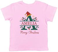 Shopagift Personalised Intial Letter Merry Christmas Xmas Childrens Kids T-Shirt Gift Light Pink