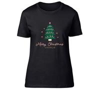 Shopagift Personalised Merry Christmas Womens T-Shirt Christmas Xmas Tree Ladies Tee Black