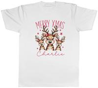 Shopagift Personalised Merry Xmas Christmas Reindeers Mens T-Shirt Tee White