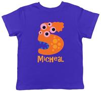 Shopagift Personalised Monster Five 5 Kids T-Shirt Number Day Maths Childrens Tee Boys Girls Blue