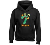 Shopagift Personalised Monster Seven 7 Kids Hoodie Number Day Maths Hoody Hooded Top Boys Girls Black