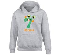 Shopagift Personalised Monster Seven 7 Kids Hoodie Number Day Maths Hoody Hooded Top Boys Girls Grey
