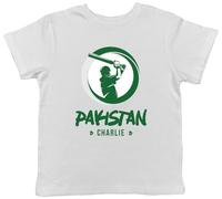 Shopagift Personalised Pakistan Cricket Batsman Kids T-Shirt Cricketer Fan Supporter Childrens Tee Boys Girls White