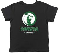 Shopagift Personalised Pakistan Cricket Batsman Kids T-Shirt Cricketer Fan Supporter Childrens Tee Boys Girls Black