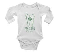 Shopagift Personalised Pakistan Cricket Supporters Baby Vest Bodysuit Retro Ball Wicket Stumps Fans Boys Girls L/S