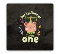 Shopagift Personalised Party Animal Bear Turns Any Name Age 2 Pack Coasters - 9cm x 9cm