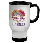 Shopagift Personalised Rainbow Hearts Travel Mug Any Name Water Colour Stainless Steel 14oz Cup