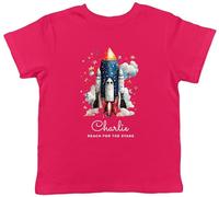 Shopagift Personalised Reach for The Stars Kids T-Shirt Space Rocket Galaxy Stars Universe Childrens Tee Boys Girls Pink