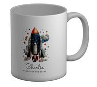 Shopagift Personalised Reach for The Stars Mug Space Rocket Galaxy Stars Universe White 11oz Large Ceramic Cup