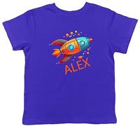 Shopagift Personalised Space Rocket Kids T-Shirt Any Name Blast Off Childrens Tee Gift Blue