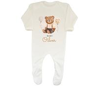 Shopagift Personalised Teddy Bear Baby Romper Any Name Baby Arrival Birth Boys Girls Gift White