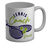 Shopagift Personalised Tennis Coach Mug Racket and Ball White 11oz Large Ceramic Cup