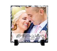 Shopagift Personalised Wedding Gift Mr & Mrs Newly Weds Custom Rock Slate Photo with Stand 15cm Square