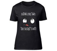 Shopagift Pregnancy Announcement Womens T-Shirt Funny Eating for Two Secret's Out Ladies Tee Black