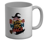 Shopagift Resting Face Witch Mug Halloween Costume Witch on Broom White 11oz Large Ceramic Cup