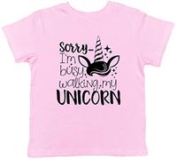 Shopagift Sorry I'm Busy Walking My Unicorn Childrens Kids T-Shirt Light Pink