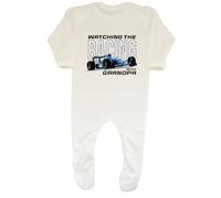 Shopagift Watching The Racing with Grandpa Baby Grow Romper Suit Motorsports Boys Girls White