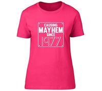 Shopagift Womens - Causing Mayhem Since 1977 Birthday Fitted T-Shirt Pink