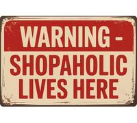 Shopaholic Lives Here Vintage Tin Signs Metal Wall Art Halloween Tin Sign Man Cave Bar Game Room Wall Decor 5.5x8 Inch