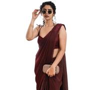 SHOPAZ Women's Ready to Wear Plain Dark Maroon Space Silk Soft Satin One Minute Readymade Wedding Saree With Unstitched Blouse