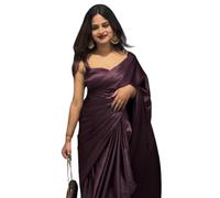 SHOPAZ Women's Ready to Wear Plain Dark Wine Satin Silk One Minute Readymade Saree With Dark Wine Unstitched Blouse