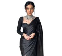 SHOPAZ Women's Ready to Wear Plain Satin Silk 1 Minute Pre Pleated Saree With Black Unstitched Blouse Free size Black